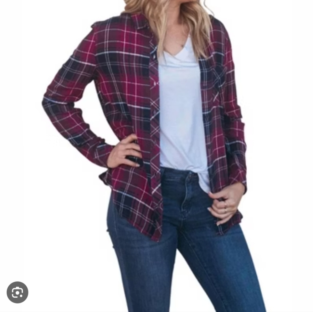 Beachlunchlounge Women's Plaid Button Down Shirt - Redish Pink and Black
